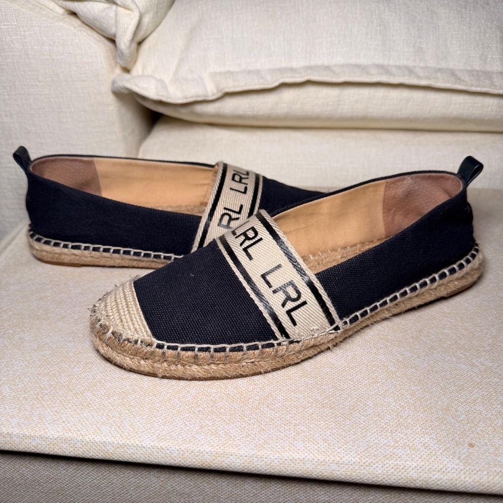 Lauren Ralph Lauren Caylee Espadrille Flats Womens 7.5 Navy Canvas Logo Nautical